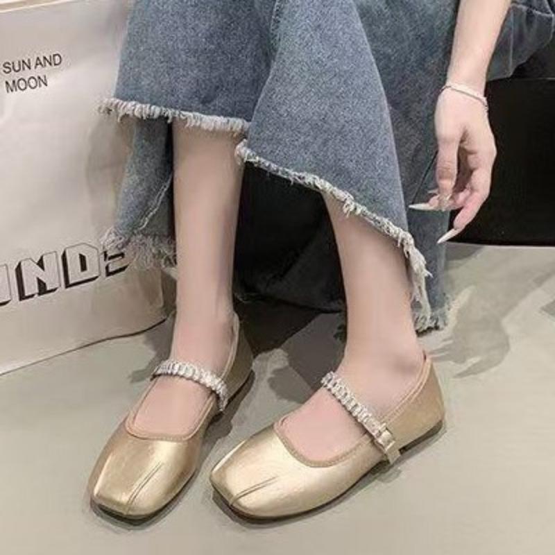 Casual Single Shoes Women's New Autumn Folds One-word Buckle Belt Doudou Shoes Versatile Square Head Flat Shoes