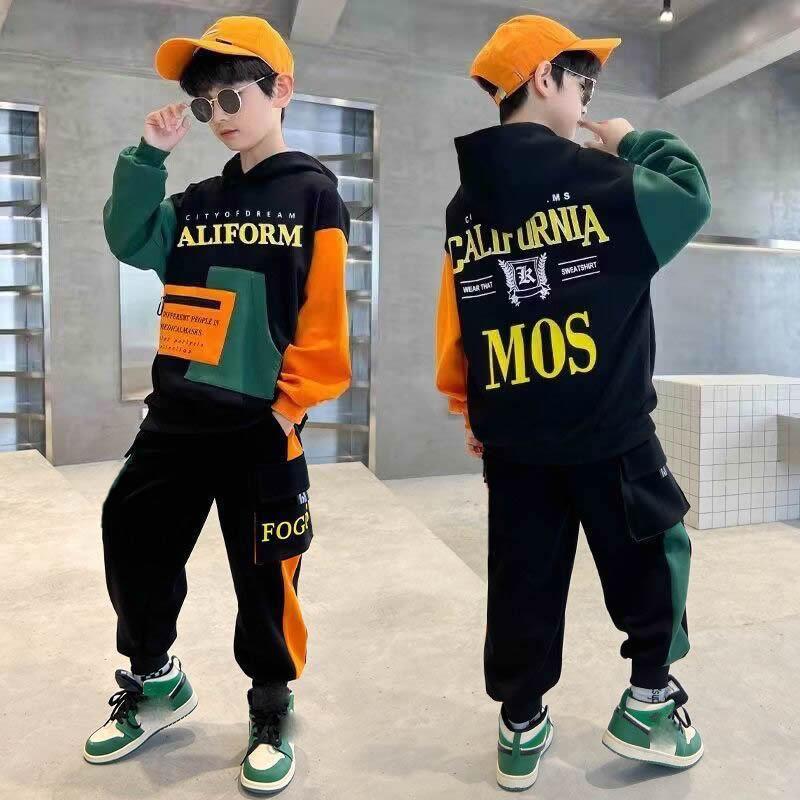Boys Tracksuit Sets Children Patchwork Letter Sweatshirts+Pants 2Pcs Outfits Teenager Autumn Fashion Hooded Suits Spring Clothes