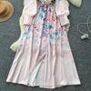 Vintage Style Color-Blocked Floral Print Turn Down Collar Shirt Dress for Women Spring 2026 Fashion Tie-Waist Single-Button Long Maxi Dress