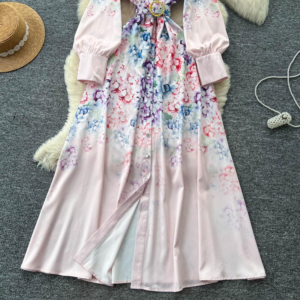 Vintage Style Color-Blocked Floral Print Turn Down Collar Shirt Dress for Women Spring 2026 Fashion Tie-Waist Single-Button Long Maxi Dress