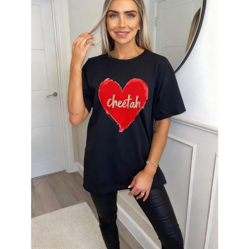 Black Oversized T Shirt With Red Heart Cheetah Print For Casual Wear And Street Style