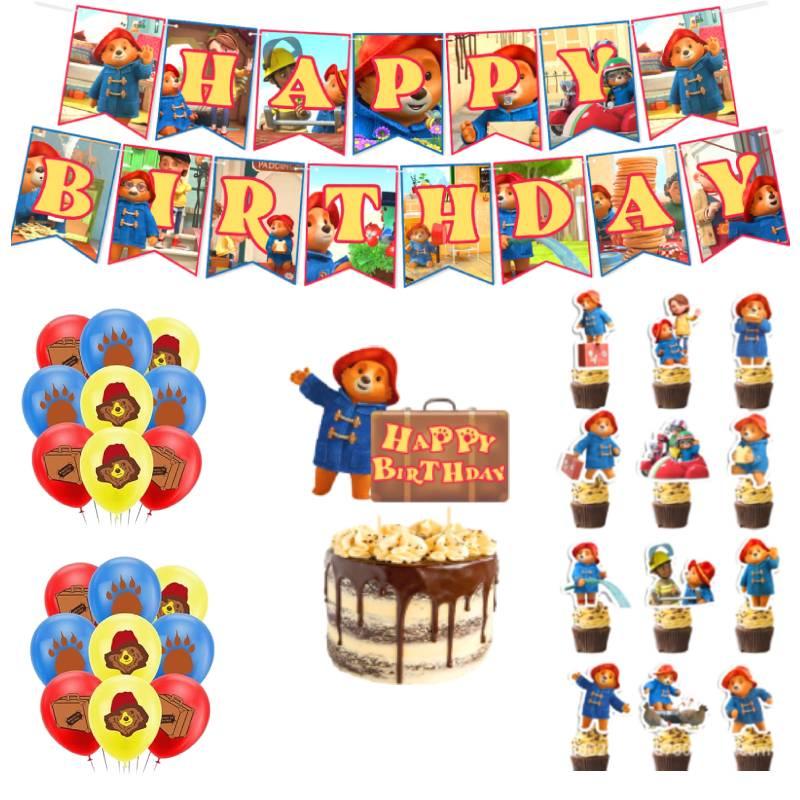 Party Bear Birthday Decor Set Banner Cake Toppers Balloons Pull Flag