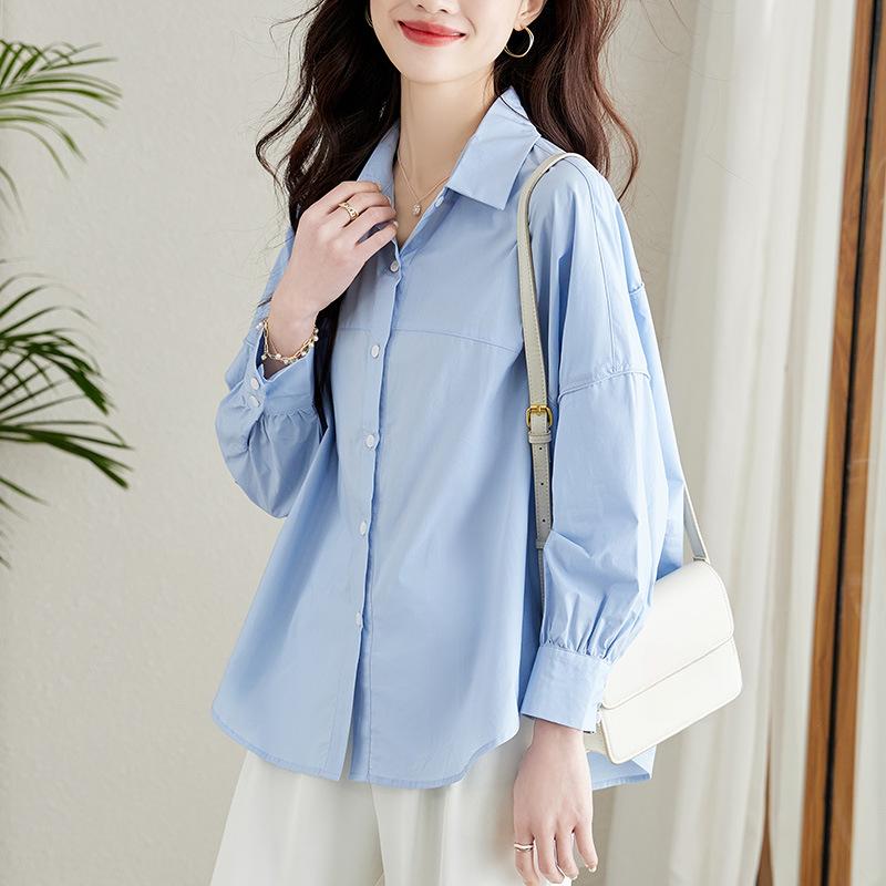 Blue Lantern Sleeve Design Shirt Women's Long Sleeve Spring Loose Casual Top Fashion Chic Shirt