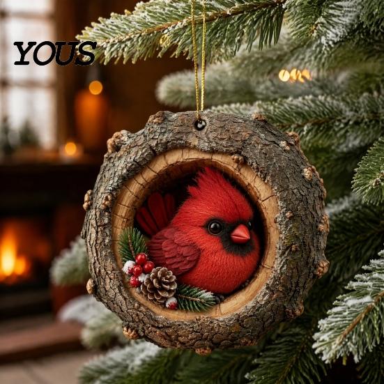 Decorative Animal Ornament Tree Hole Acrylic Ornament, Owl Fox Raccoon Bird Hedgedog Christmas Ornaments Squirrel Pinecone Pendant, Seasonal