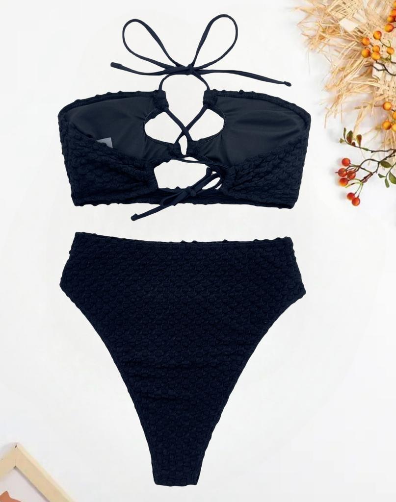 Damen Badeanzug Einfarbig Neckholder zum Binden Hohe Taille Getrennter Badeanzug Bikini Strandbekleidung Badeanzüge