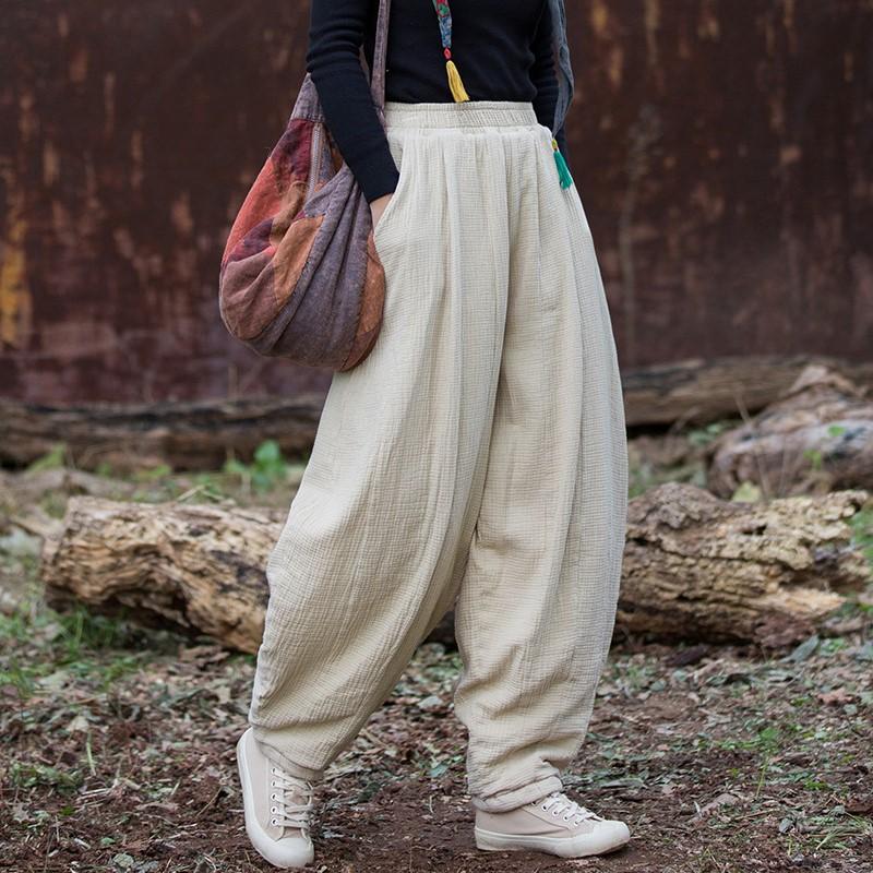 Johnature Women Vintage Winter Pants Warm Solid Color Elastic Waist Trousers Loose Pockets Female Pants