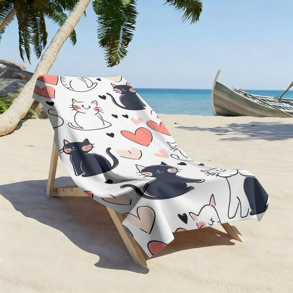 Cute Cat & Heart Print Beach Towel Kawaii Cat Lover Microfiber Towel For Summer Beach, Pool & Travel Use