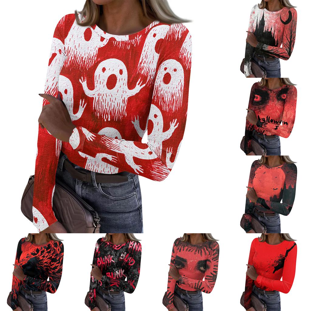 Womens Casual Long Sleeve Ribbed Top Halloween Print Round Neck Slim Fit Stretchy Pullover Shirt