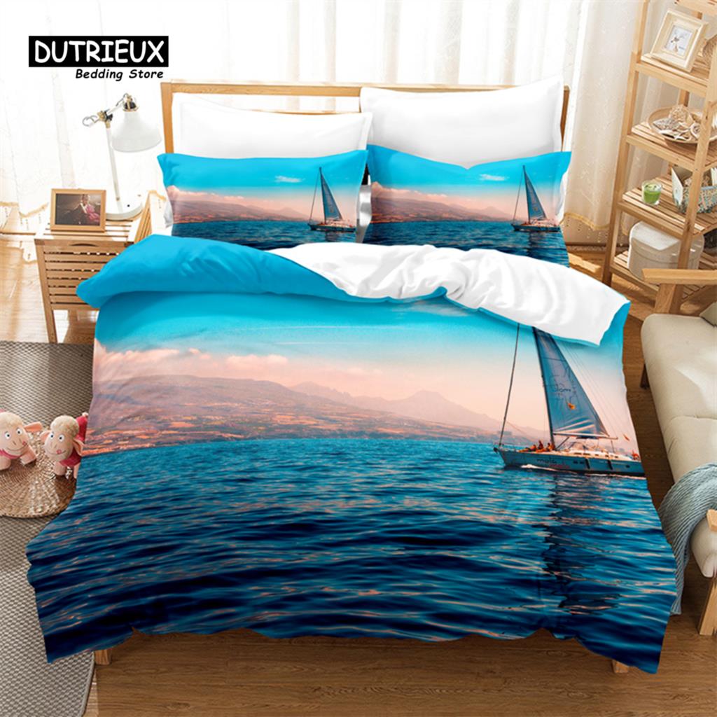 Seaside Beach Bedding Set, 3Pcs Duvet Cover Set, Soft Comfortable Breathable Duvet Cover, For Bedroom Guest Room Decor