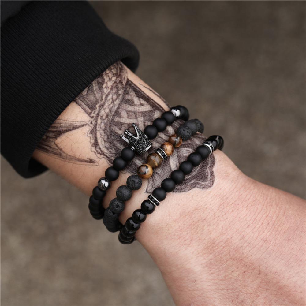 Black Matte Copper Inlaid Zirconium Diamond Ball Flying Saucer Long Bracelet Bracelet Set Wholesale Men's Woven Bracelet