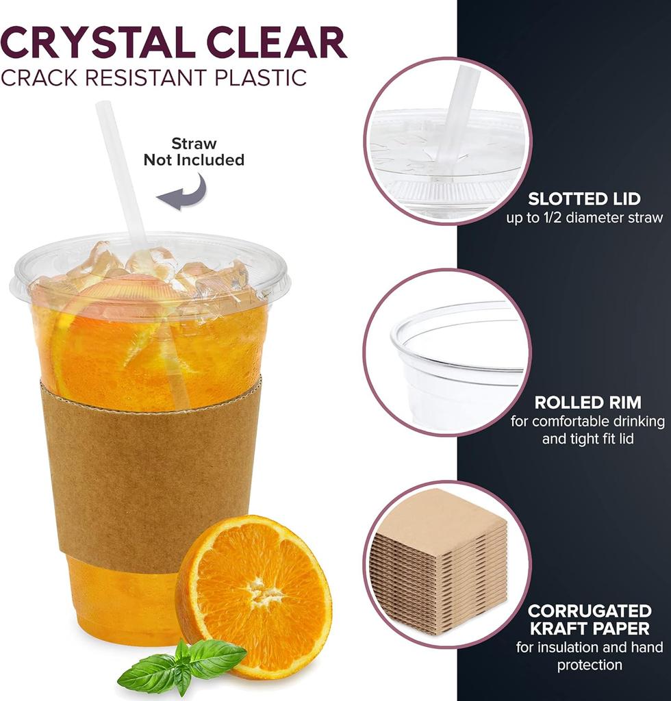 20 Sets 16/20/24OZ Clear Plastic Cups with Lids Straws Sleeve for Cold Drinks Juice Smoothie Coffee Huge Disposable Cups 1L