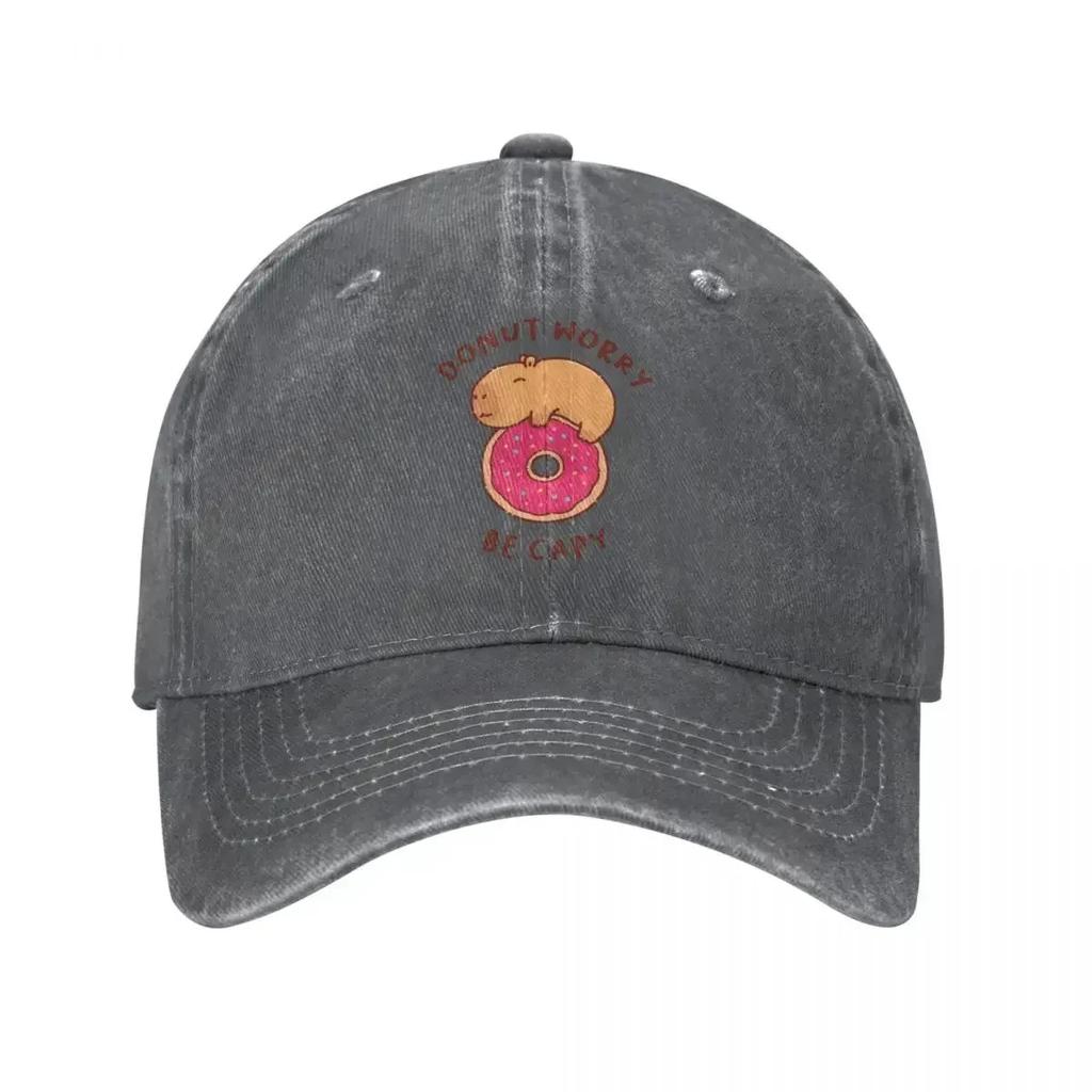 Capybara On A Donut Unisex Baseball Cap Don't Worry Be Happy Distressed Denim Washed Caps Hat Vintage Workouts Snapback Cap