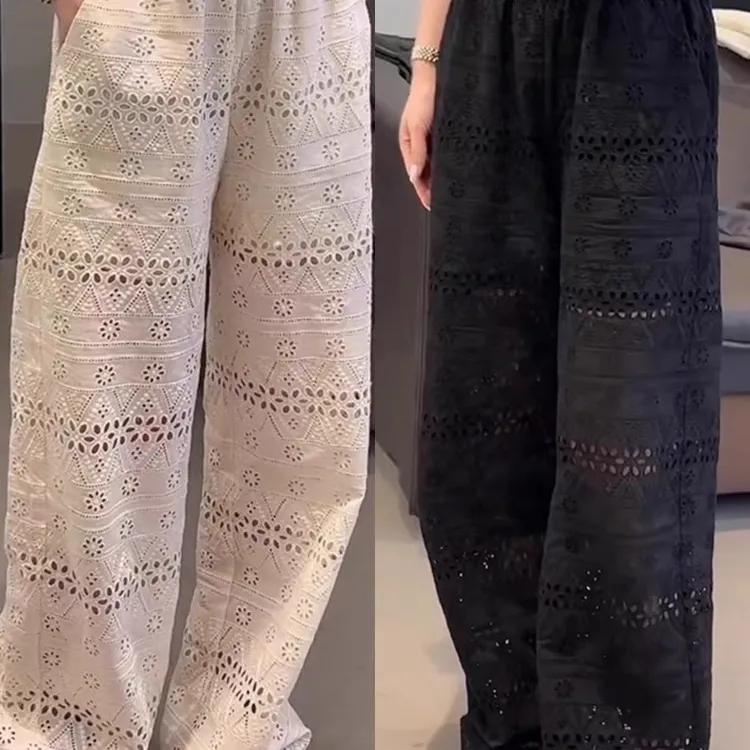 

Жіночі літні тонкі секційні штани з високою посадкою, мереживом, ажурні, широкі штанини, вільні, тонкі, повсякденні, прямі XXS чорний