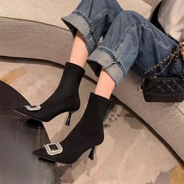 Women's Rhinestone Buckle Stiletto Heel Ankle Boots - Spring/Autumn 2025