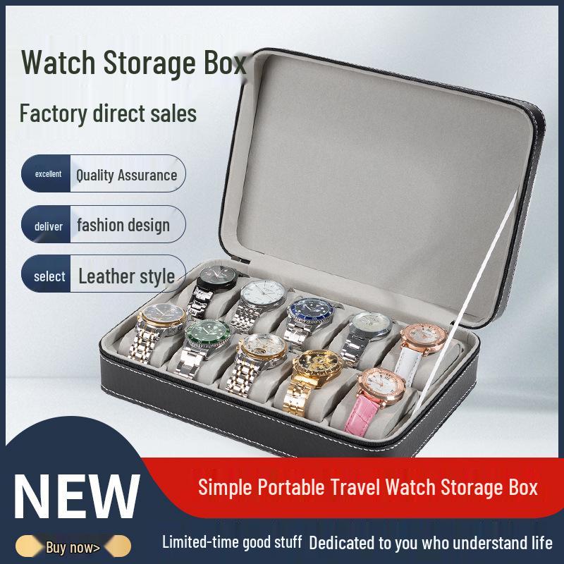 Portable Black and Blue-Gray Leather Zipper Watch Box with 6, 10, or 12 Slots - Flip-Top Jewelry Storage