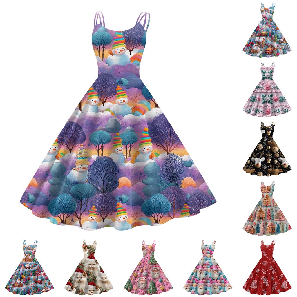 Women's Fashion Casual Christmas Print Sexy Off-the-shoulder Punk Retro Dress