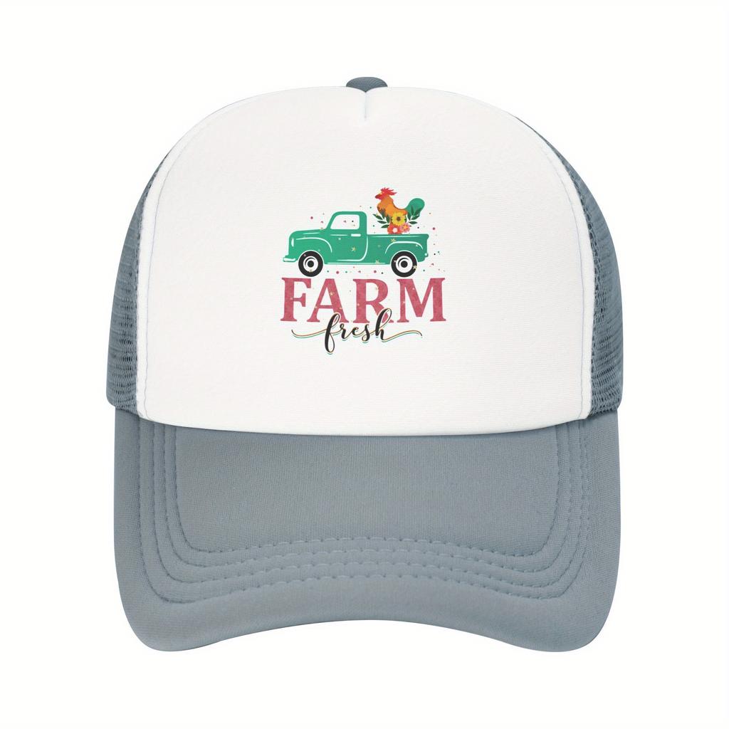 Farm Fresh Truck Rooster Graphic Trucker Hat Polyester Mesh Breathable Casual Unisex Cap
