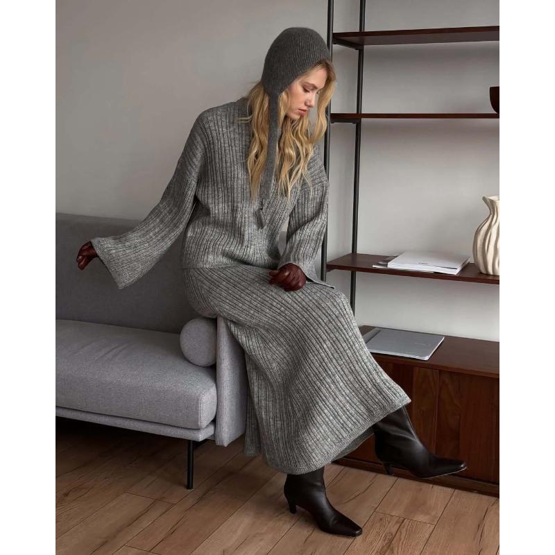 Women's Knitted Sweater 3 Piece Sets Winter Fall Lounge Long Sleeve Top Midi Dress Outfits Casual Chunky Sweater Skirt Sets for Women Loungewear Sets