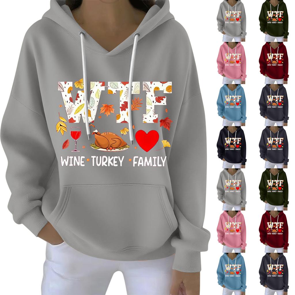 Women's Loose Comfort Drawstring V-Neck Long Sleeve Thanksgiving Print Hoodie