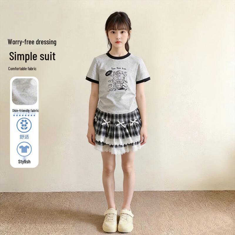 Frog Prince Girls  Cartoon Tee & Plaid Lace Skirt Set 130