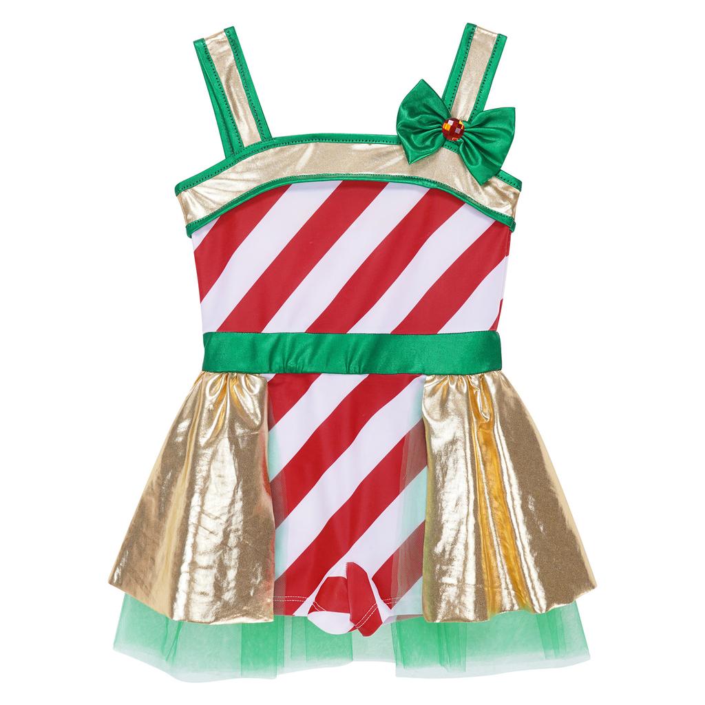 Girls Christmas Jumpsuit Striped Design Rhinestone Bow Adorned Ruffle Skirt Shorts Bodysuit Cosplay Costume