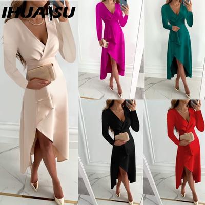 Moda feminina outono inverno cor sólida estampa manga comprida decote em v vestidos casuais