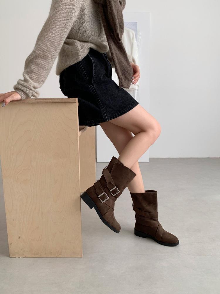 

2025 new fashionable Spice Girl round head buckle belt outer wear medium tube Roman Martin boots versatile fashion boots 39 оливковое зеленый