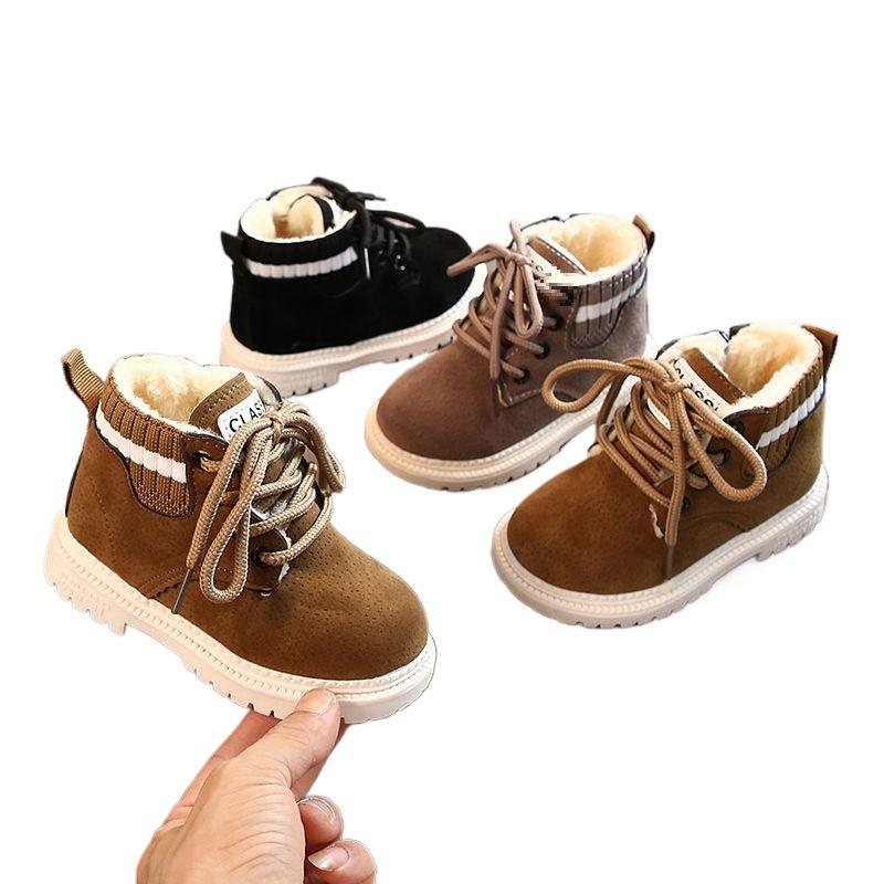 Boys Martin Boots Fleece Children's Fly Knitting Autumn and Winter Large Cotton Thickened Children's Single Boots Girls Shoes Warm Baby Shoes