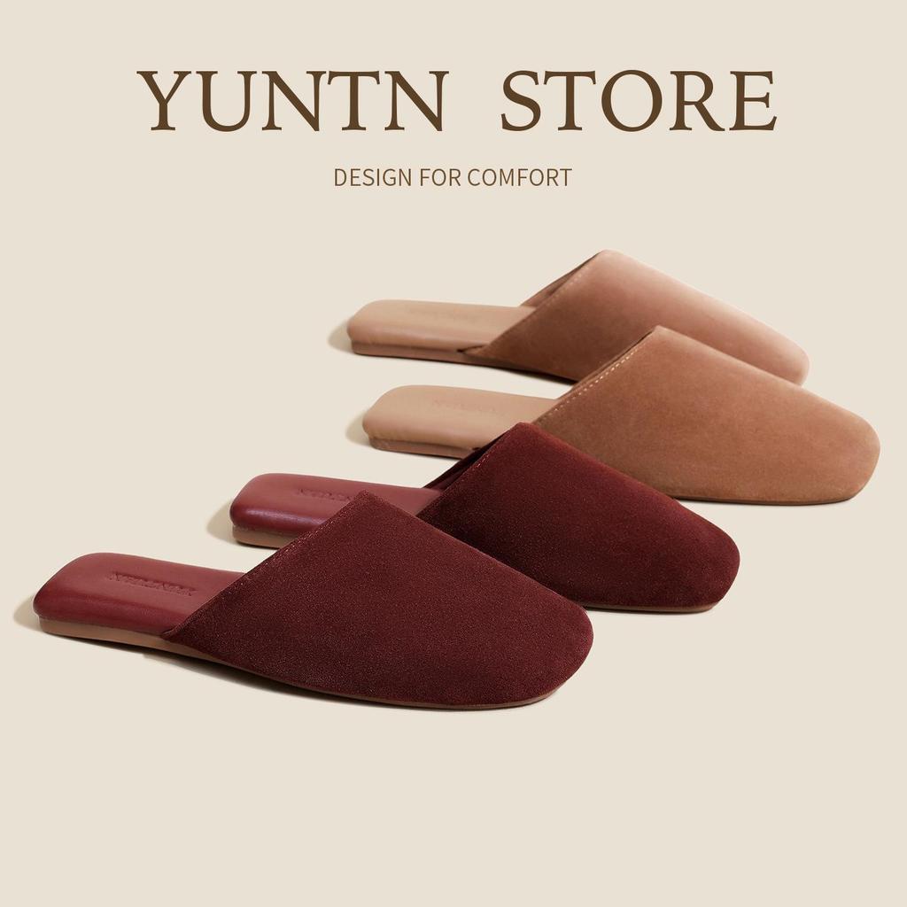 High-End Minimalist Genuine Leather & Suede Slippers - Non-Slip Sole, Unisex, All-Season Indoor Footwear