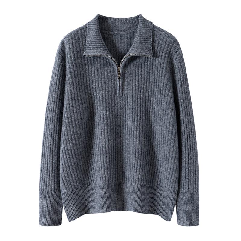 Elegant European Cashmere Lambswool Zip-Up Sweater for Women