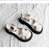 Fashion Summer Women Shoes Black Flat Leather Fashion Sandals Lace up Thick Soled Ankle Strap Sandals For Women Pinch Toe Flip Flops