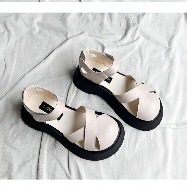 Fashion Summer Women Shoes Black Flat Leather Fashion Sandals Lace up Thick Soled Ankle Strap Sandals For Women Pinch Toe Flip Flops
