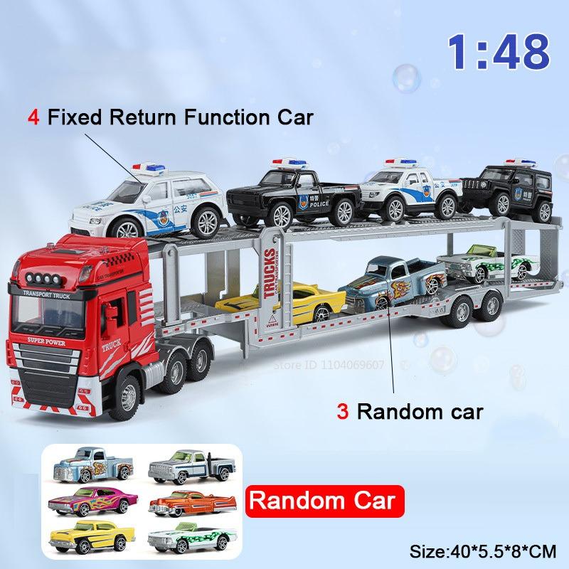 1:48 Double Decker Trailer Toy Models Metal Diecast Flatbed Truck Mounted Excavator Toys Sound Light Doors Opened for Boys Gifts