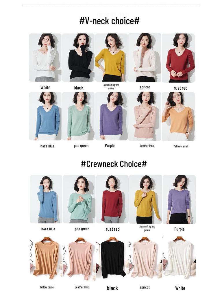Autumn/Winter Women's Wool Sweater: Round & V-Neck, Rolled Edge, Long Sleeve, Thin Knit Top