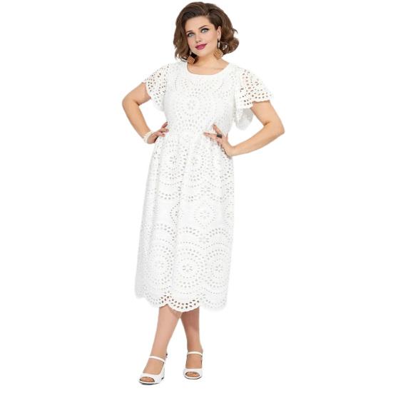 Damen Kleid Übergröße Rundhalsausschnitt Aushöhlen Stickerei Spitze Schlanke Passform Einfarbig Kurze Ärmel Pendeln Formelle Party Abschlussball Sommer Midikleid