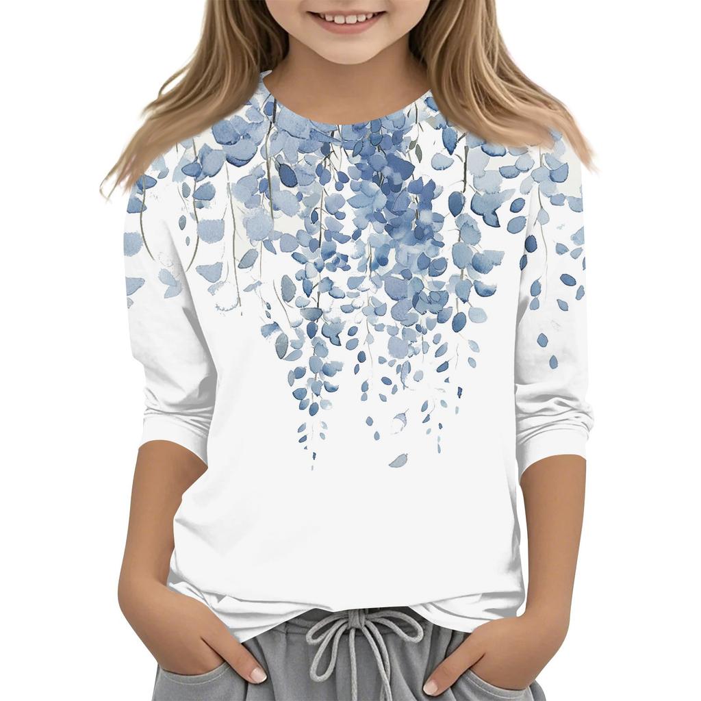 Camiseta infantil estampada com mangas 3/4 e gola redonda casual para o dia a dia