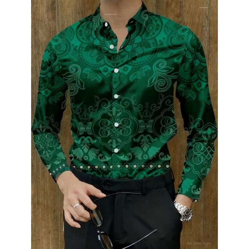 Men's New Retro Totem Flower Pattern Light Luxury Business Casual Long Sleeved Shirt Baroque Red Brown Interwoven Top