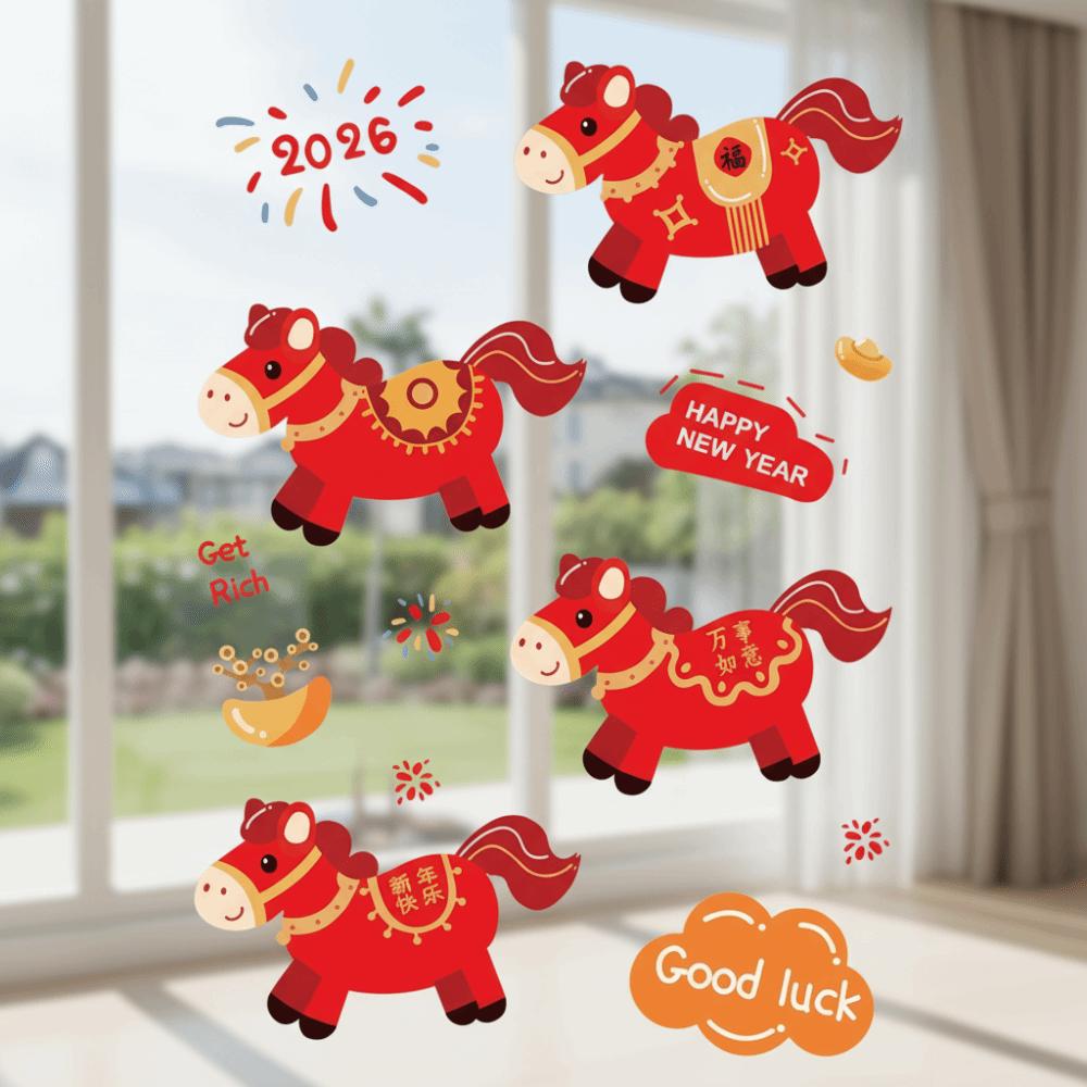 Large Size New Year Window Stickers Red 2026 Horse Year Stickers Window Glass Decor  Car Decoration