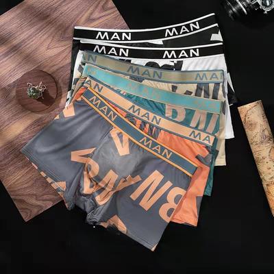Men Letter Print Boxer Briefs Cool Breathable Quick-drying Mid-waist Trendy Boxer Briefs