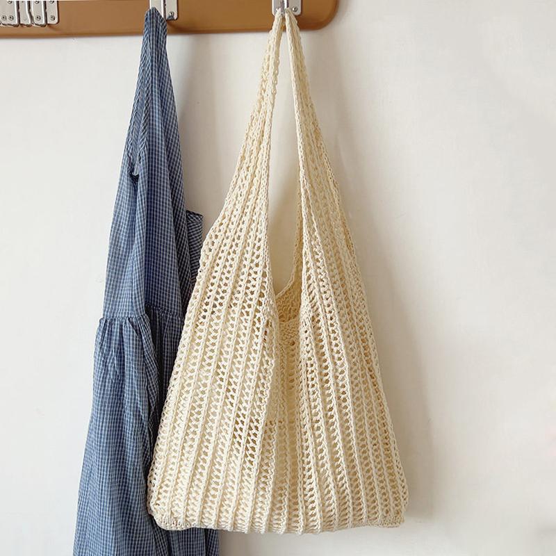 

Summer Knitted Hollow Underarm Bag Women s Large Capacity Shopper Tote Bag Simple Design Casual Travel Handbags 35x5x29cm бежевий