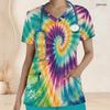 Women Plus Size Tie Dye Printed V Neck Short Sleeve Scrub Top With Front Pockets
