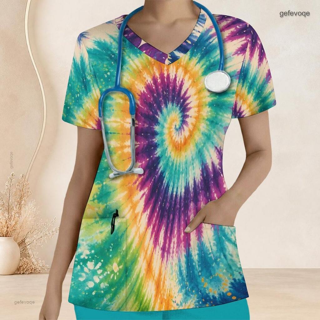 Women Plus Size Tie Dye Printed V Neck Short Sleeve Scrub Top With Front Pockets