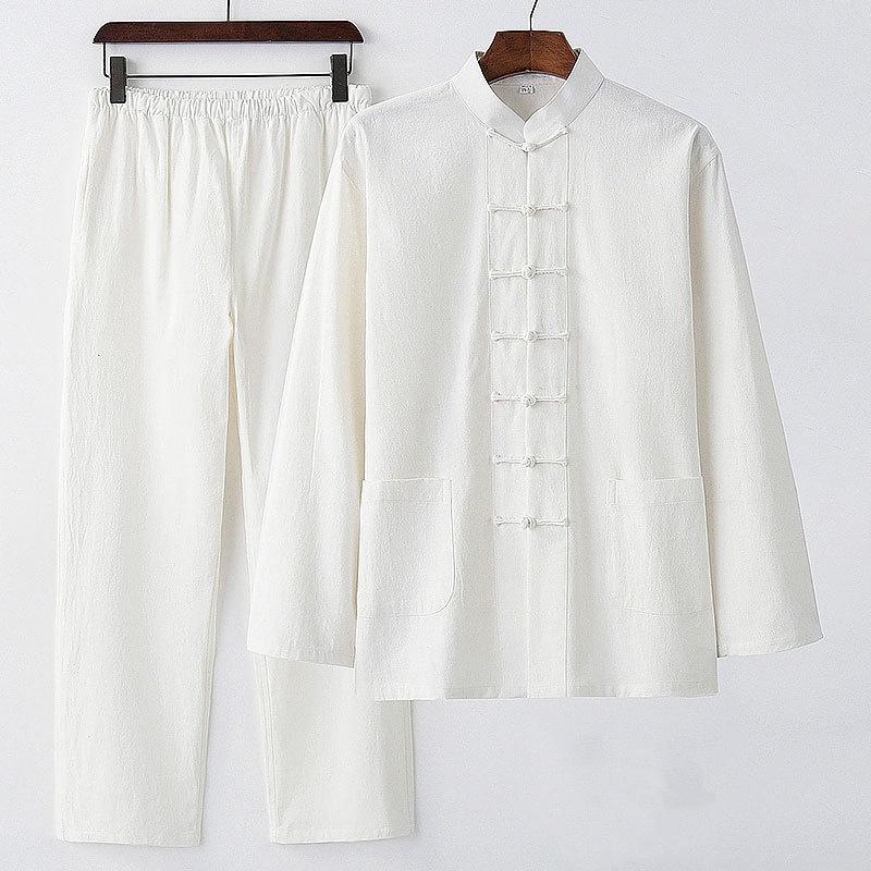 Tang Suit Men's Buddhist Chinese Style Chinese Style Clothing Cotton Linen Suit Ancient Style Two-piece Spring and Autumn Lay Clothes Elastic Waist