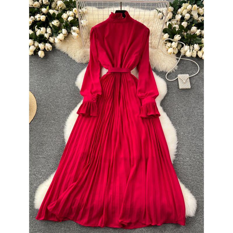 Long Sleeves Dress Spring Women's 2024 New Arrival French Elegant Retro Bows Shoelace Waist-Controlled Large Hem Chiffon Dress