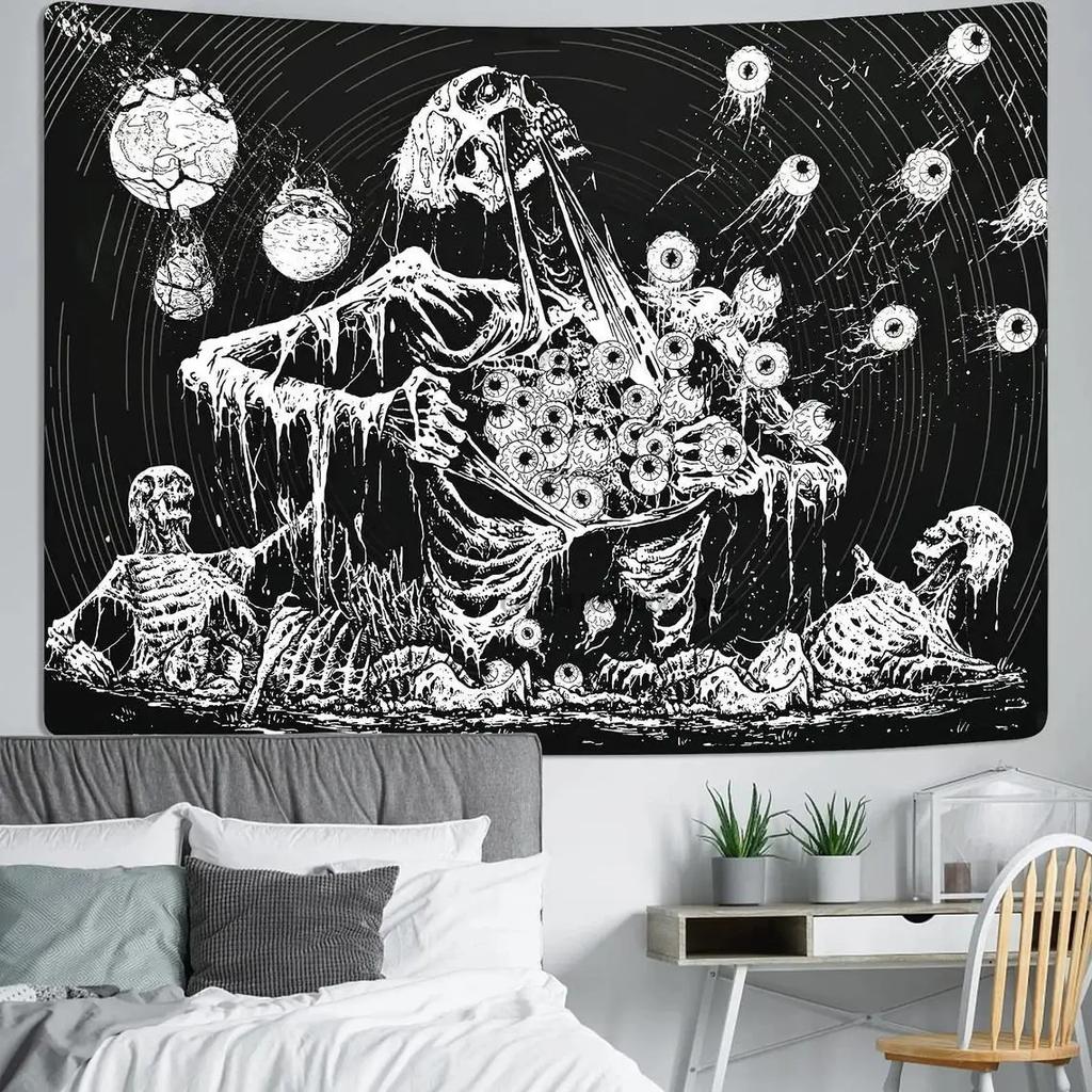 Black and White Wall Art Aesthetic Home Tapestry Gothic Skull  Psychedelic Hippie Mushroom