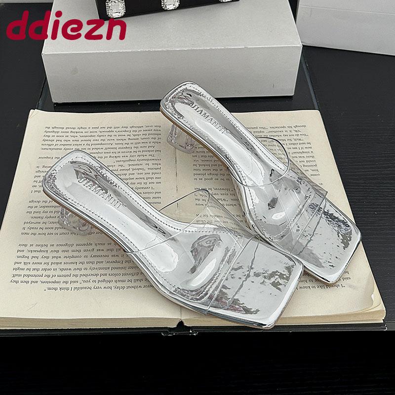 Fashion Fashion Transparent Heels Slippers Shoes For Women Footwear Square Toe Ladies Medium Heels Slippers Shoes Female Slides Sandals