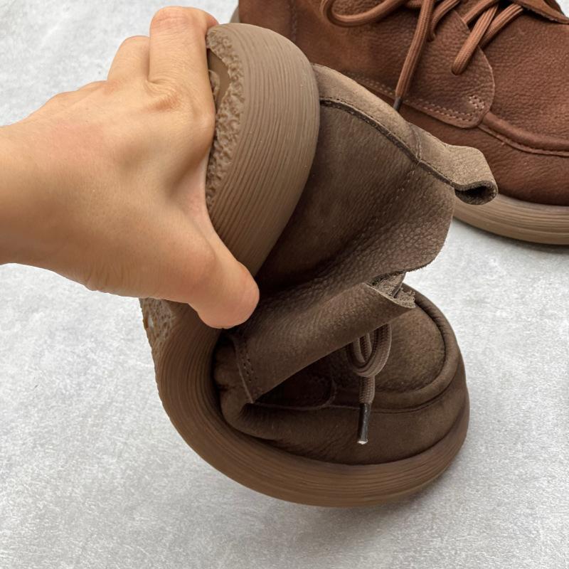 Handmade Women's Shoes Retro Artistic Round Toe Flat Top High Top Lace Up Soft Cowhide Women's Single Shoes