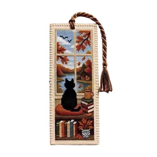 Seasonal Cat Cross-Stitch Bookmark, Four Seasons Black Cat Bookmark with Braided Rope, Handcrafted Book Page Marker for Book Lovers