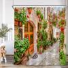 Green Vines Brick Wall Shower Curtain Pink Flowers European Garden Arch Door Bathroom Decorations Vintage Bath Curtain with Hook