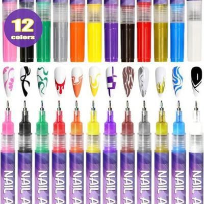 Yousheng 12Pcs Nail Art Pens 3D Quick Dry 0.5MM DIY Gel Nail Art Acrylic Paint Markers Nail Point Graffiti Dotting Liner Pen Nail Drawing Painting